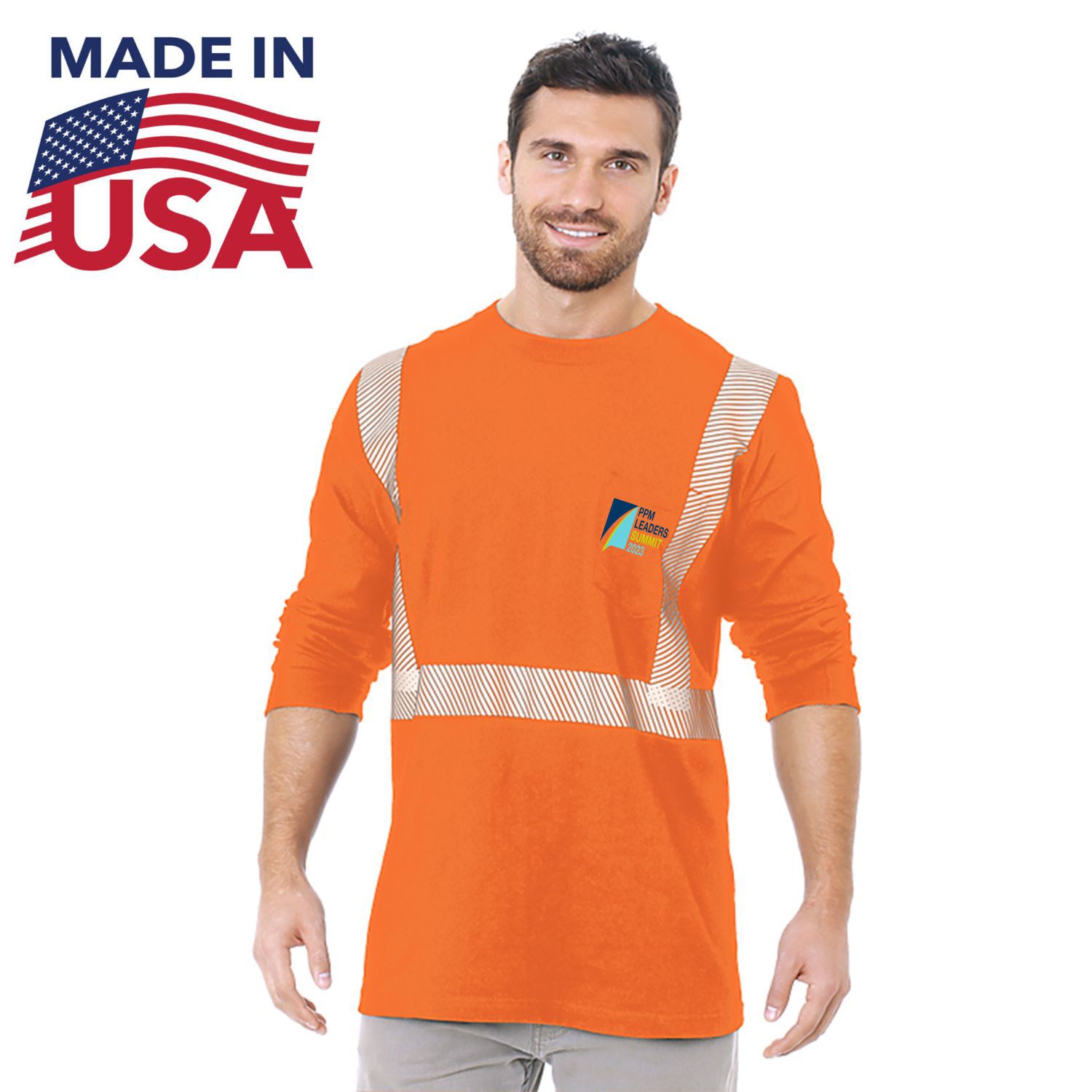 Class 2 USA-Made Segmented 100% Cotton Safety Long Sleeve T-Shirt with Pocket