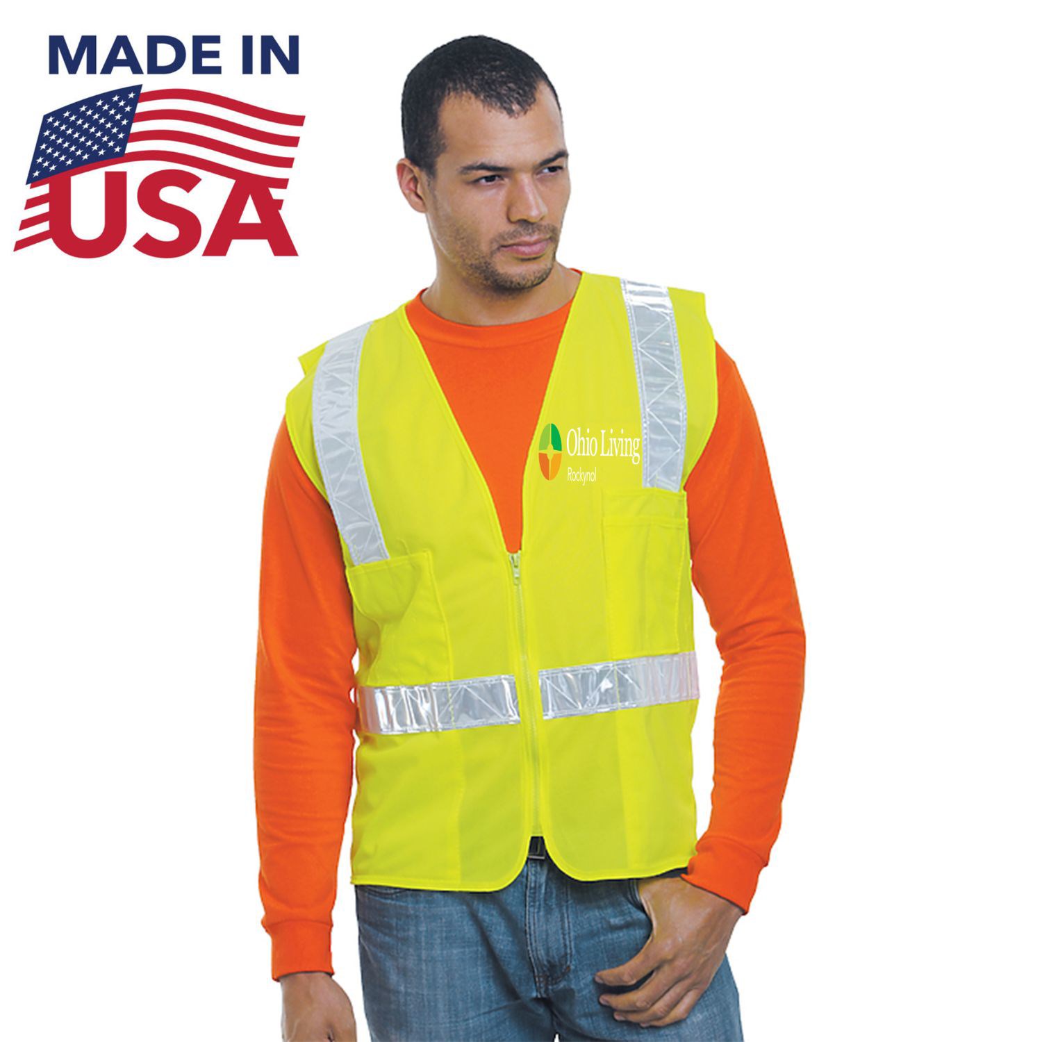 Class 2 USA Made Polyester Safety Zipper Vest with Pockets
