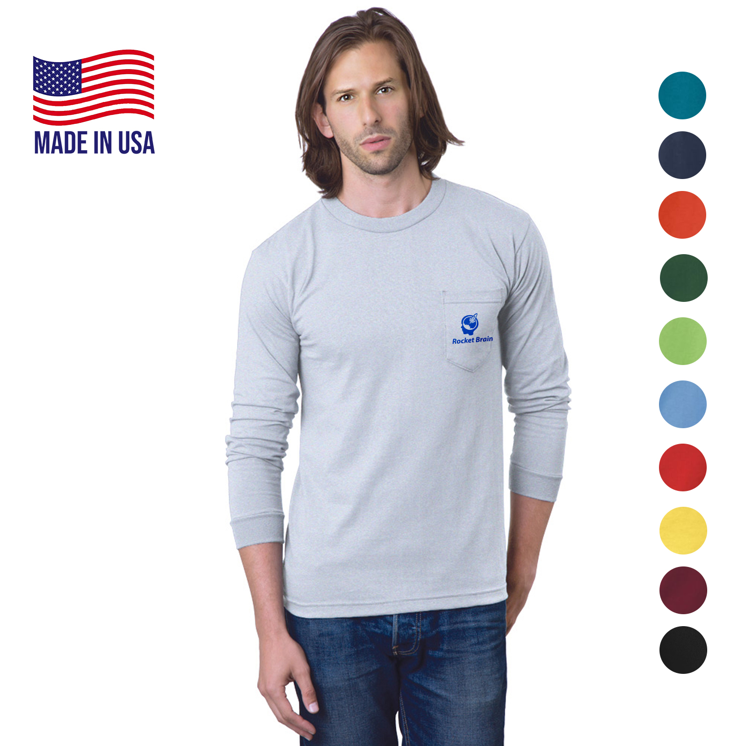 100% Cotton USA-Made Heavyweight Long Sleeve Pocket Crew Tee