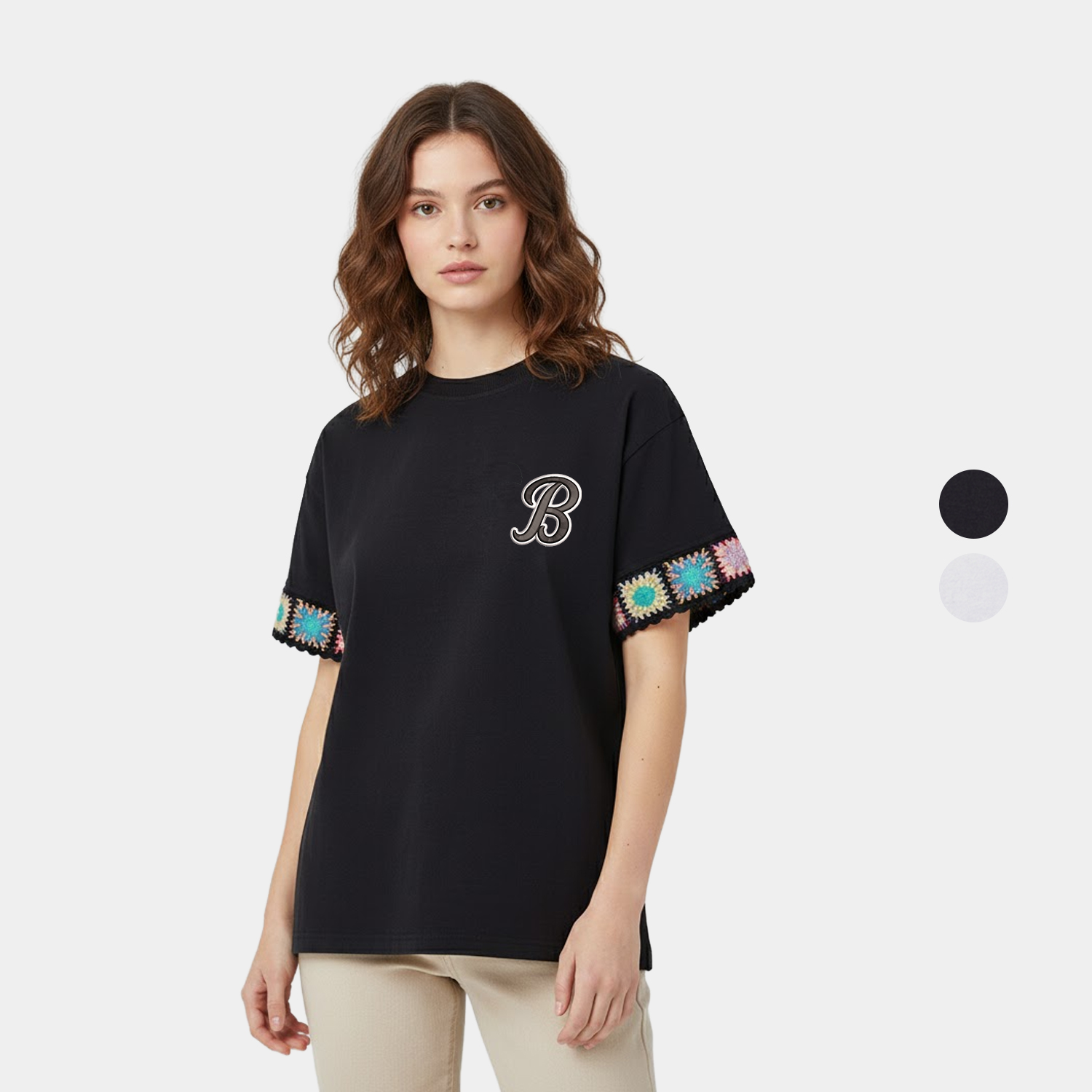 Mood & Vibe™ Sueded Finish Crochet Cuff Ladies Motif Tee