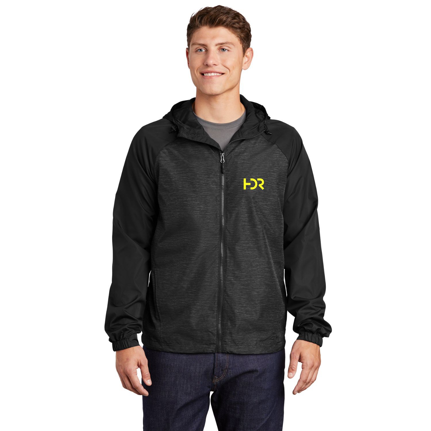 Sport-Tek® Heather Hooded Wind Jacket with Colorblock Raglan Design