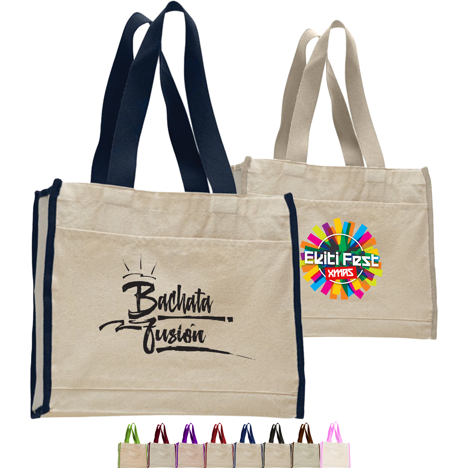 12 oz. Cotton Canvas Gusset Tote Bag w/ Color Handles USA Decorated (14" x 12")