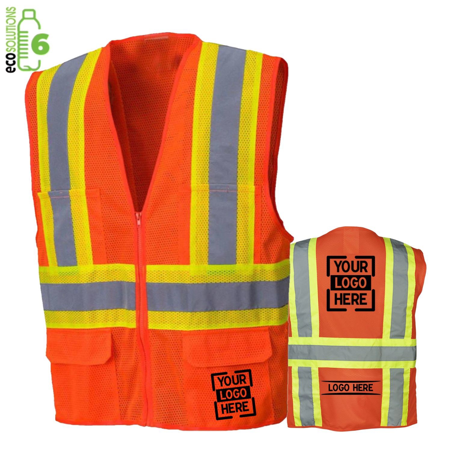 Recycled Class 2 Reflective Safety Zipper Vest with 4 Pockets
