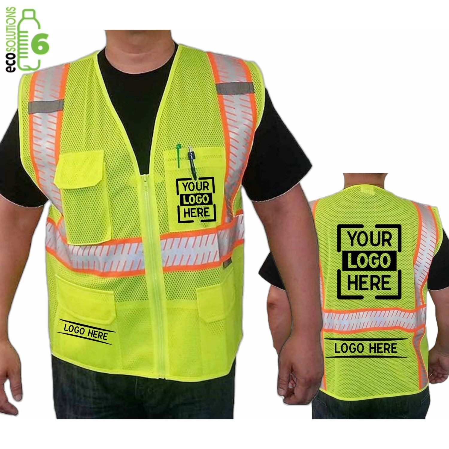 Recycled Class 2 Segmented Safety Zipper Vest W/ 4 Pockets & Dual Mic Tabs