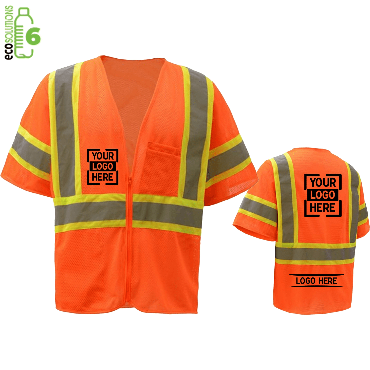 rPET Class 3 Reflective Tape Mesh Safety Zip Vest with 2 Pockets