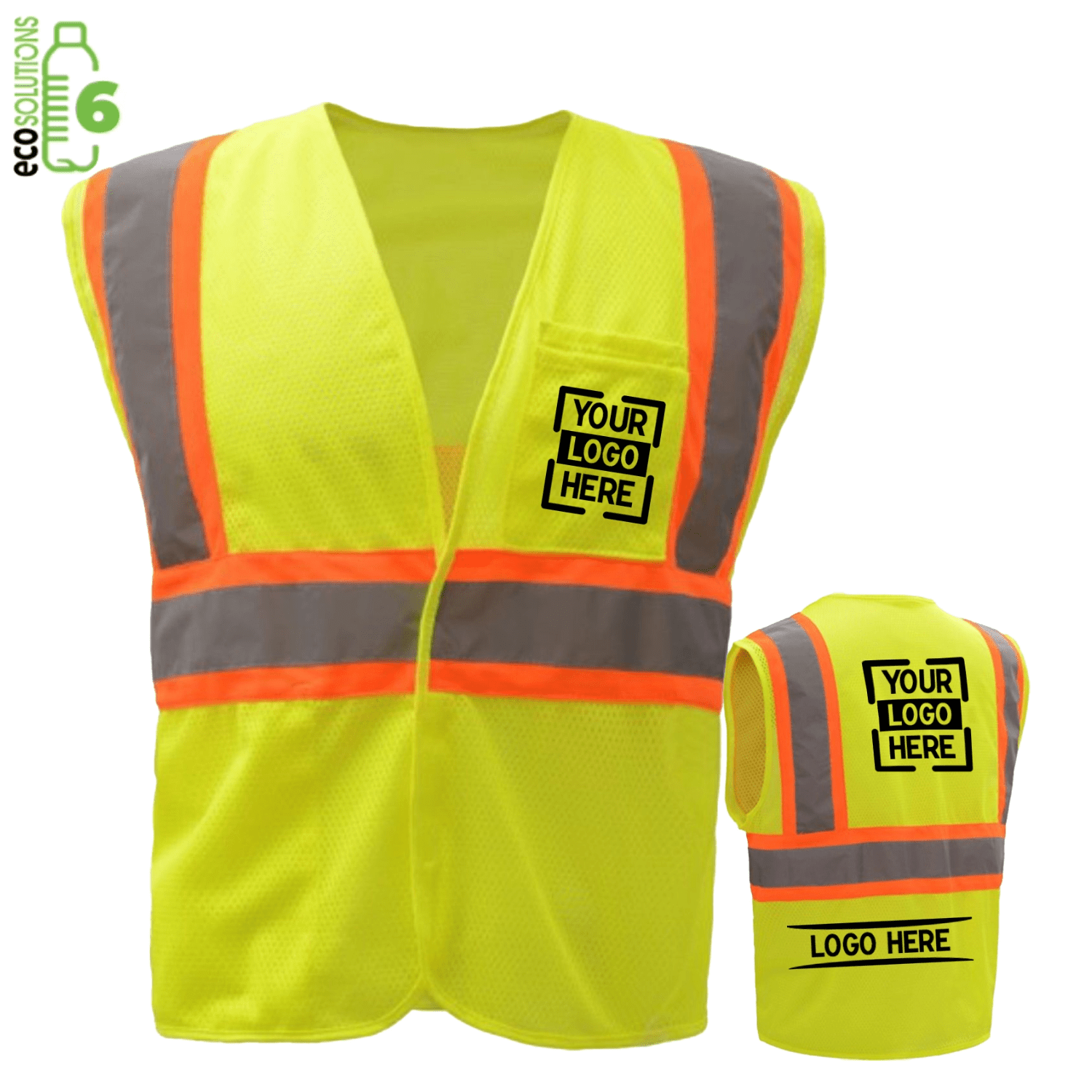Recycled Class 2 Reflective Tape Safety Hook & Loop Vest with Pockets