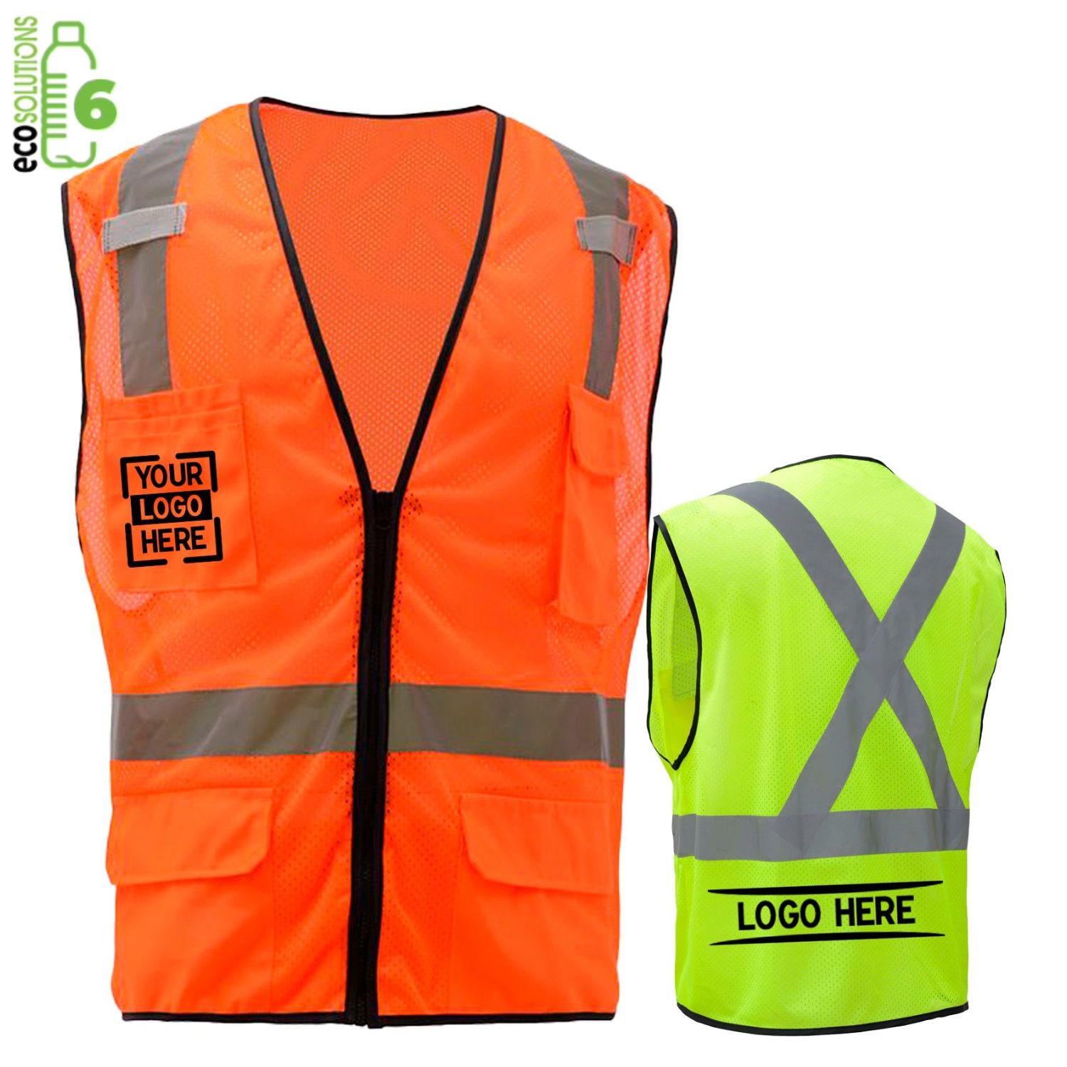 Class 2 rPET Dual Mic Tabs Safety Zipper Vest w/ Reflective X Back & 6 Pockets