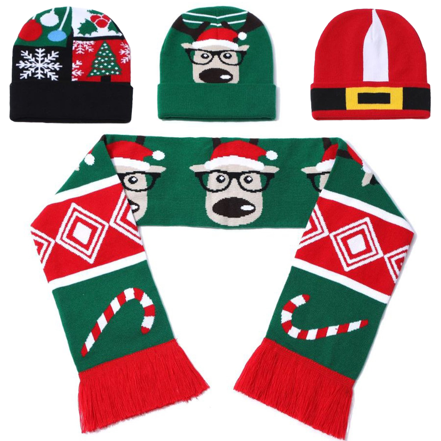 Set of Knitted Cuffed Beanie & Woven Scarf w/ Tassel