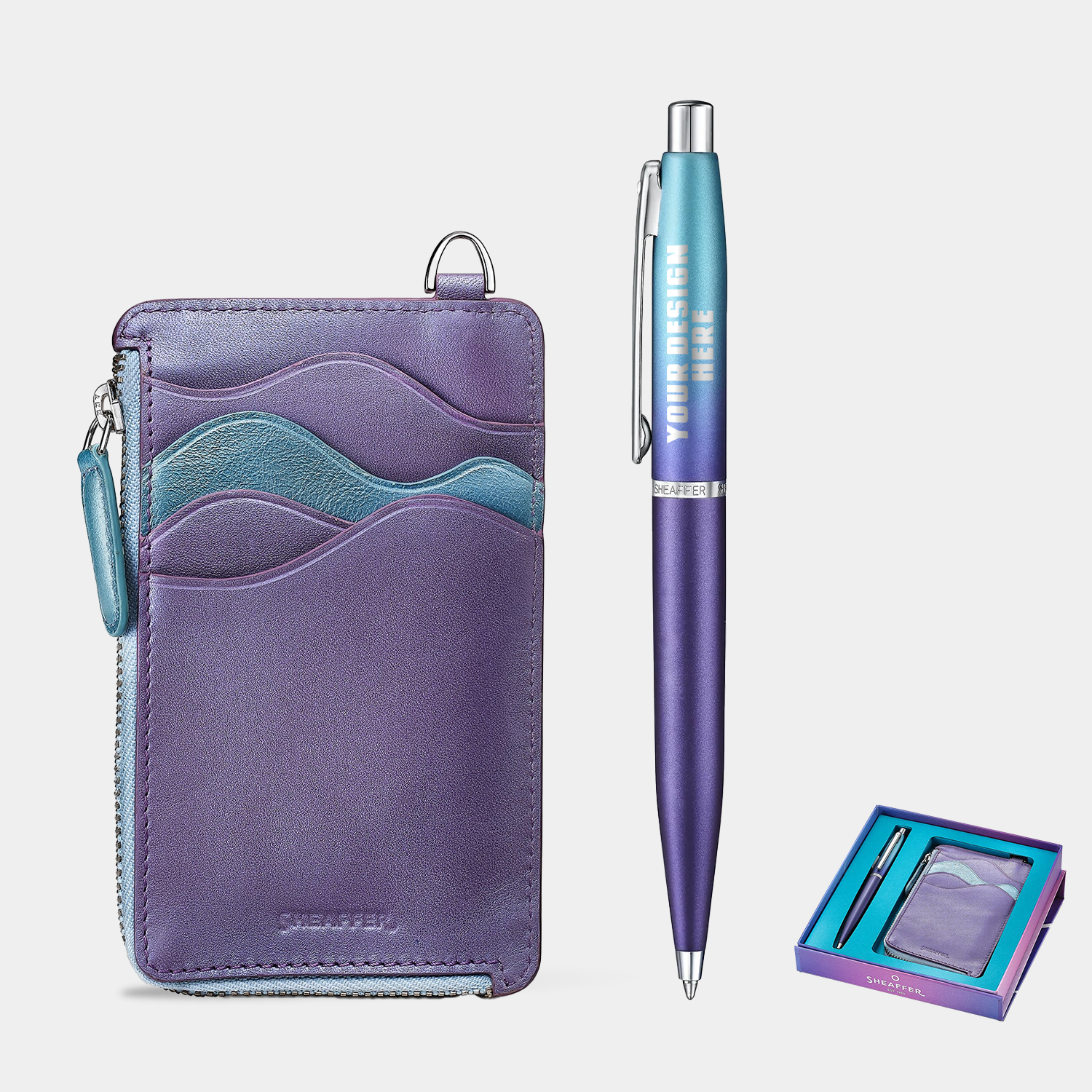 SHEAFFER® Executive Gift Set VFM 9430 Blue and Purple Pearlised Gradient Ballpoint Pen with Genuine Leather Card Case