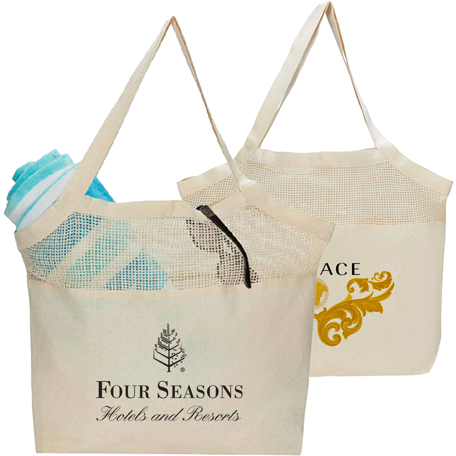 7 oz. Cotton Canvas Mesh Beach Bag,Handle W/ Gusset (20" x 15" x 5")