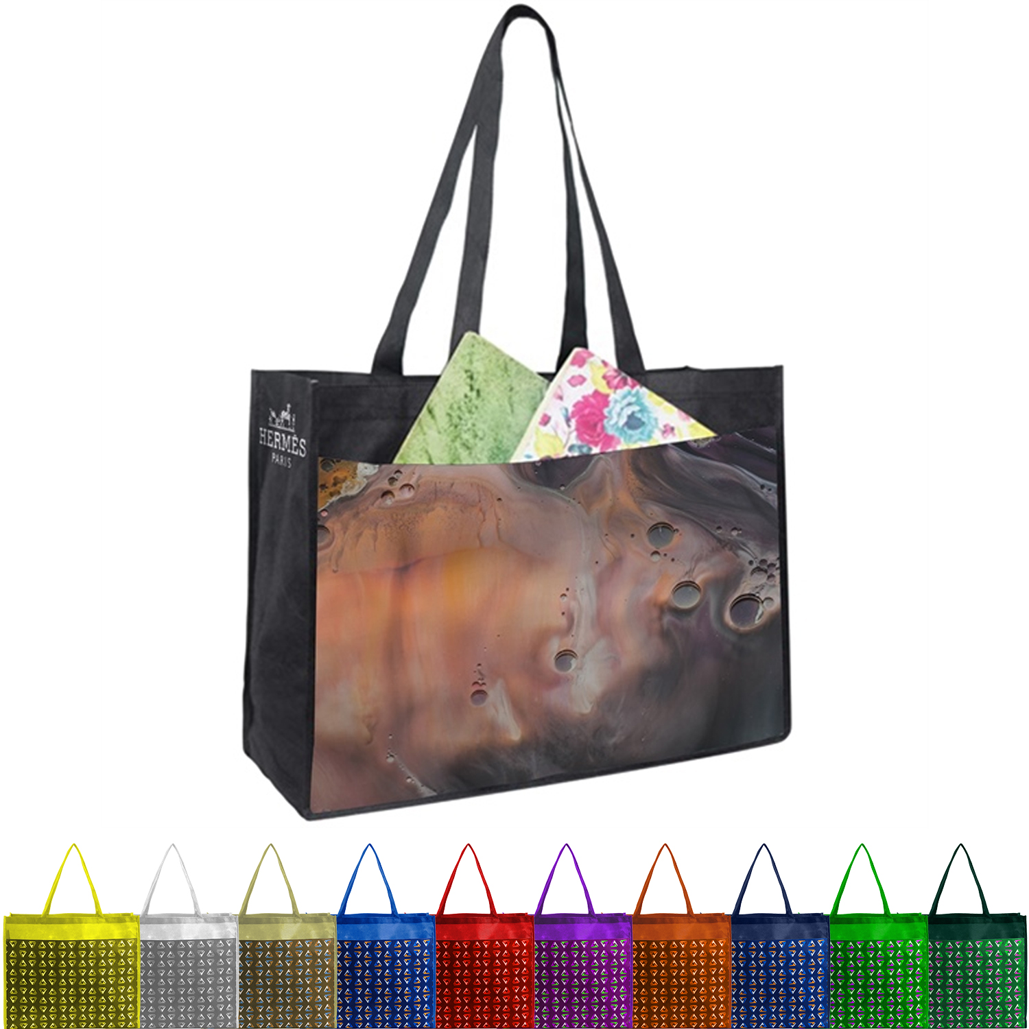 PET Non-Woven Tote Bag with Sublimated Front Pocket & Gusset (18" x 16" x 5")