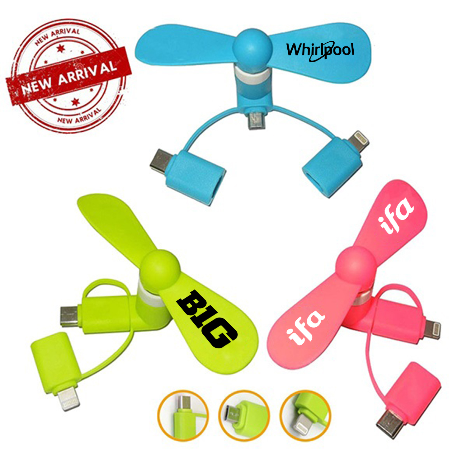 USB Mini fan with 3 in one connector with USB Type C