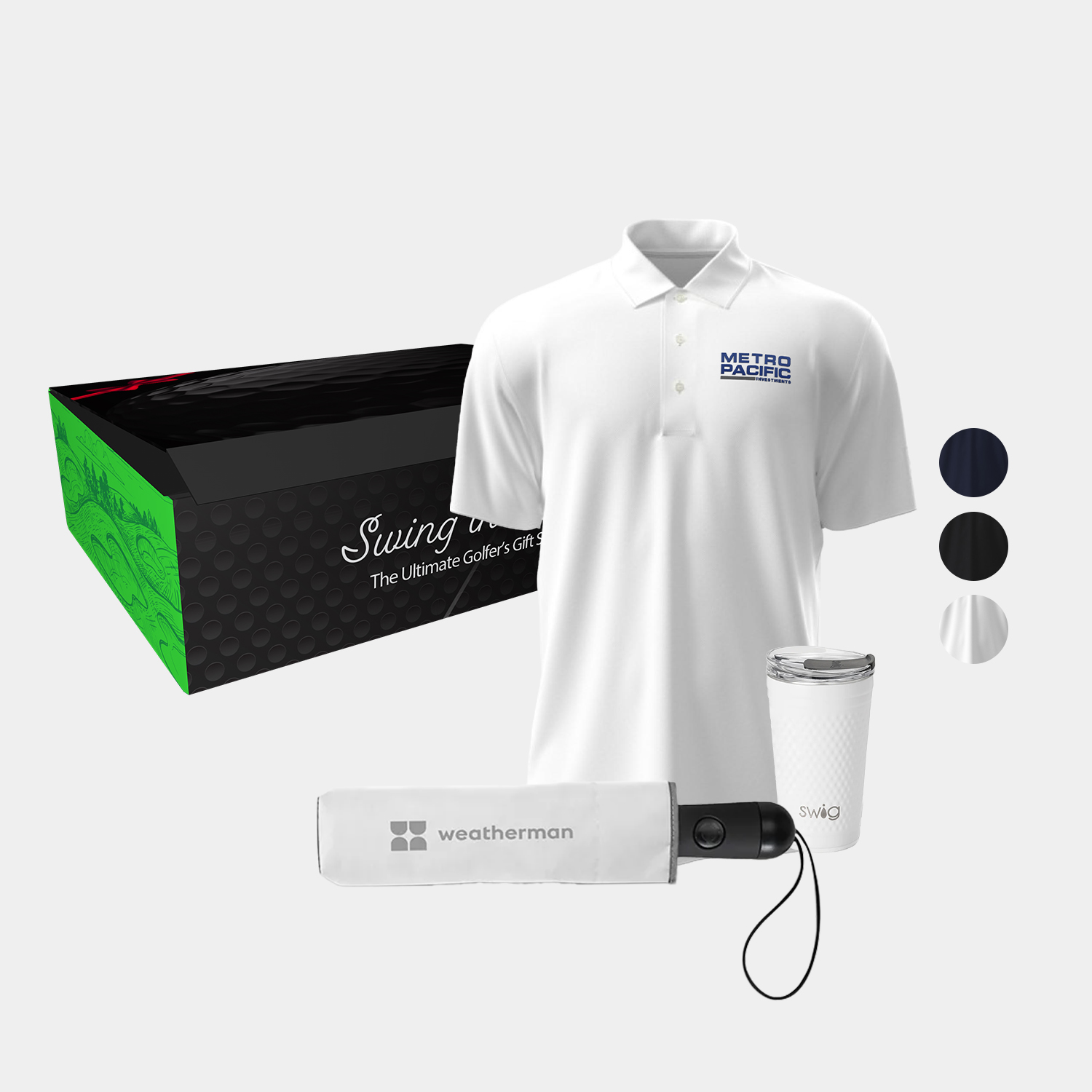20 oz SWIG® Golf Flip & Sip SS Water Bottle, PGA TOUR® Men's Golf Polo & Weatherman® Umbrella Gift Set