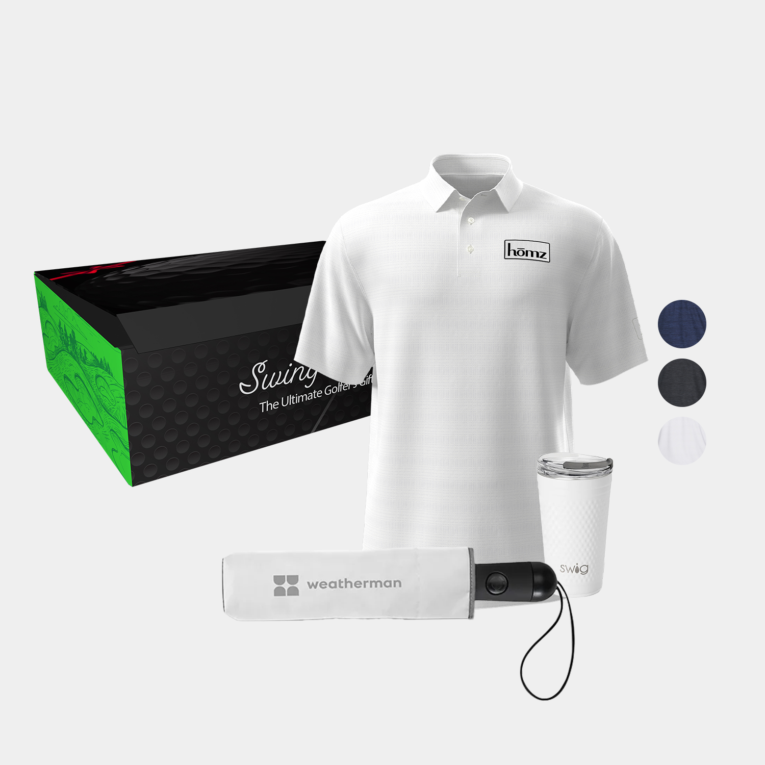 20 oz SWIG® Golf Flip & Sip SS Water Bottle, PGA TOUR® Jaspe Airflux Men's Golf Polo & Weatherman® Umbrella Gift Set