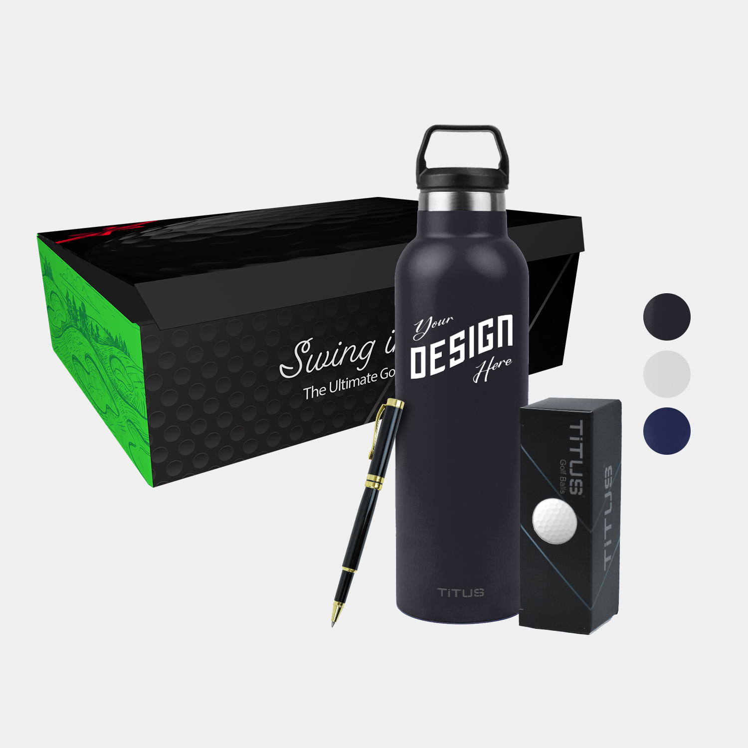 25 oz TiTUS® SS Water Bottle, 3 Pack Golf Balls & Luxury Ball Point Pen Gift Set