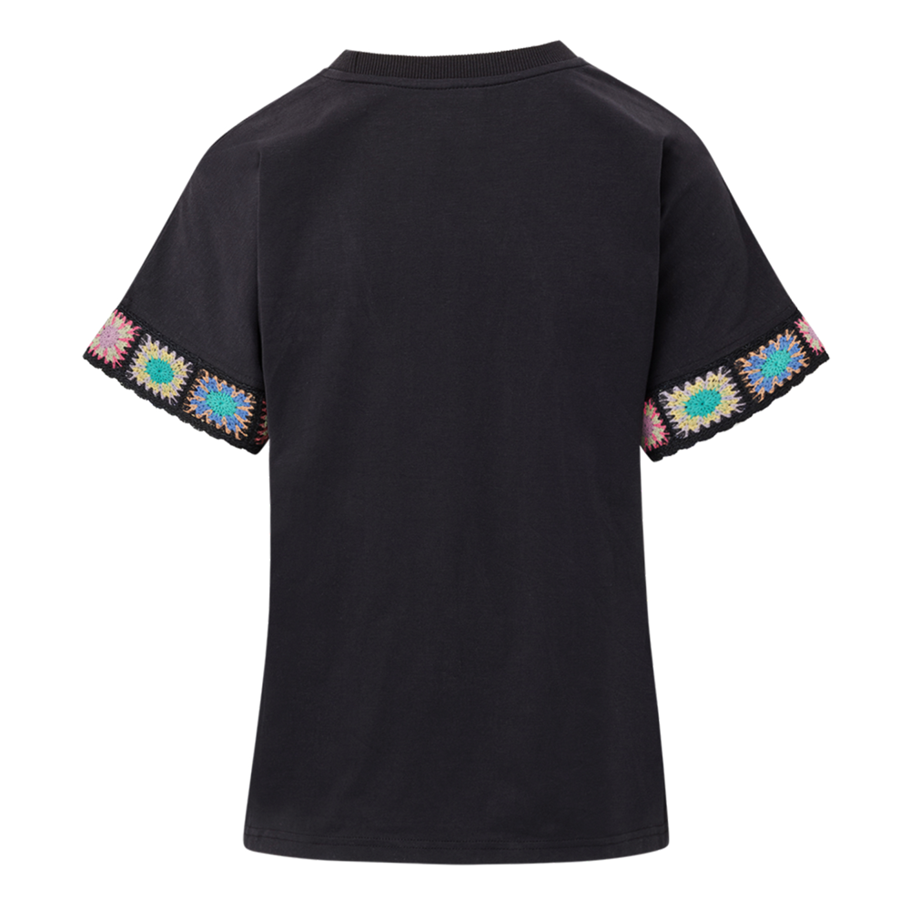 Mood & Vibe™ Sueded Finish Crochet Cuff Ladies Motif Tee